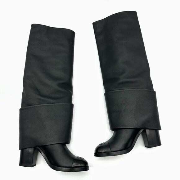 CHANEL Black CC Logo Tall Heeled Boots Size 37 Cap Toe Leather Fold Over - Picture 3 of 10